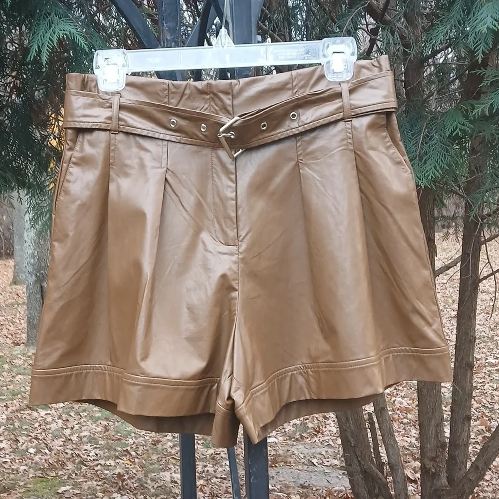 Kori America High Waist Brown Faux Leather Shorts Sz L